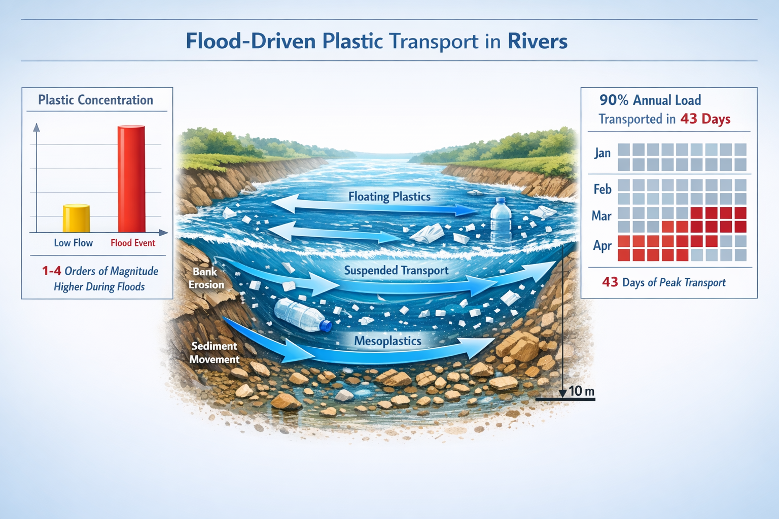 () detailed infographic showing flood-driven plastic transport dynamics in rivers. Central visual element: cross-sectional