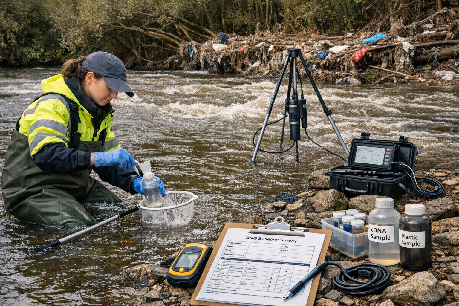 () field methodology scene showing biodiversity surveyors conducting integrated macroplastic and eDNA sampling protocols at