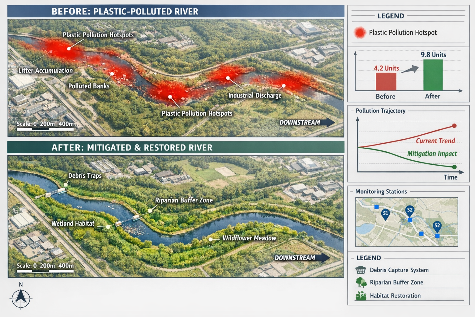 () conceptual visualization of BNG compliance and mitigation design for plastic-impacted river corridors. Split composition: