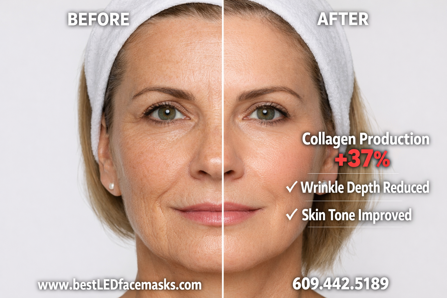 () showing a before-and-after skin transformation split image: left side shows skin with fine lines and uneven tone, right