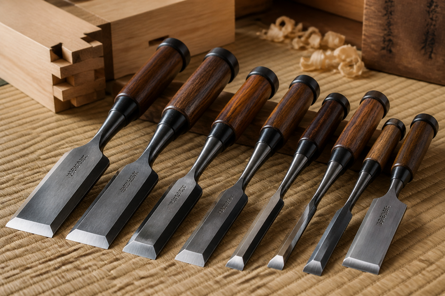 A close-up, dynamic landscape shot () of various Japanese woodworking chisels (nomi) arranged neatly on a traditional tatami