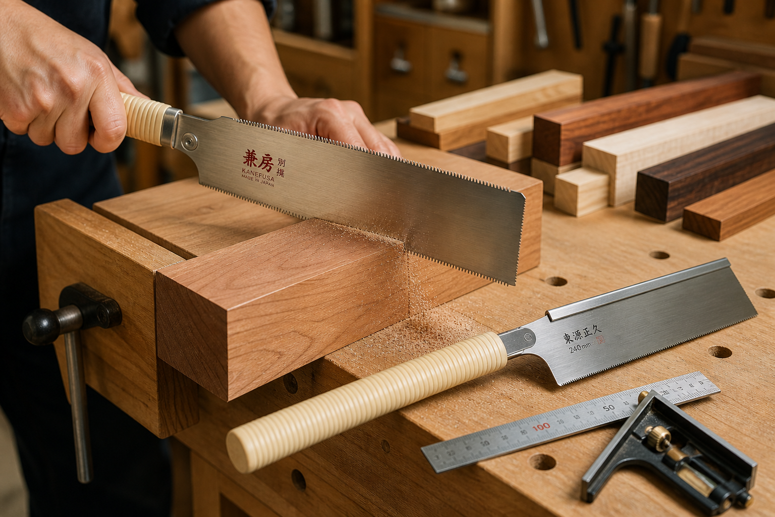A detailed landscape image () featuring a pair of Japanese hand saws (*nokogiri*) in active use. One *ryoba* saw is mid-cut