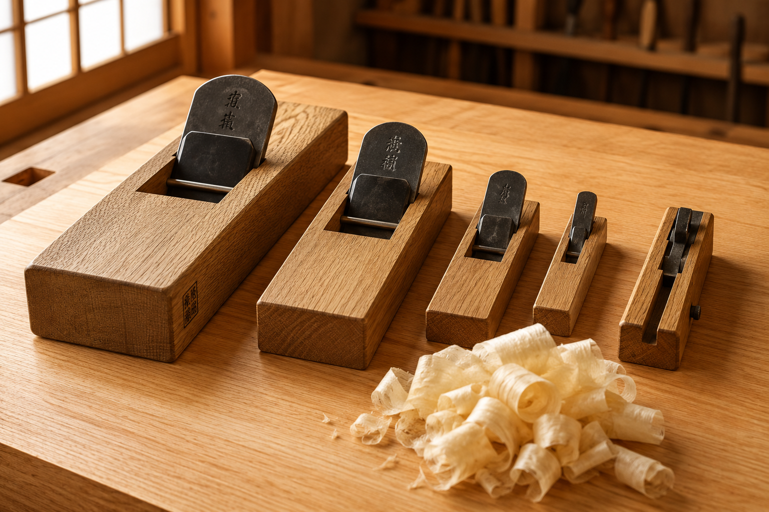 A serene landscape shot () showcasing several Japanese hand planes (*kanna*) of varying sizes and types, from *hira kanna*