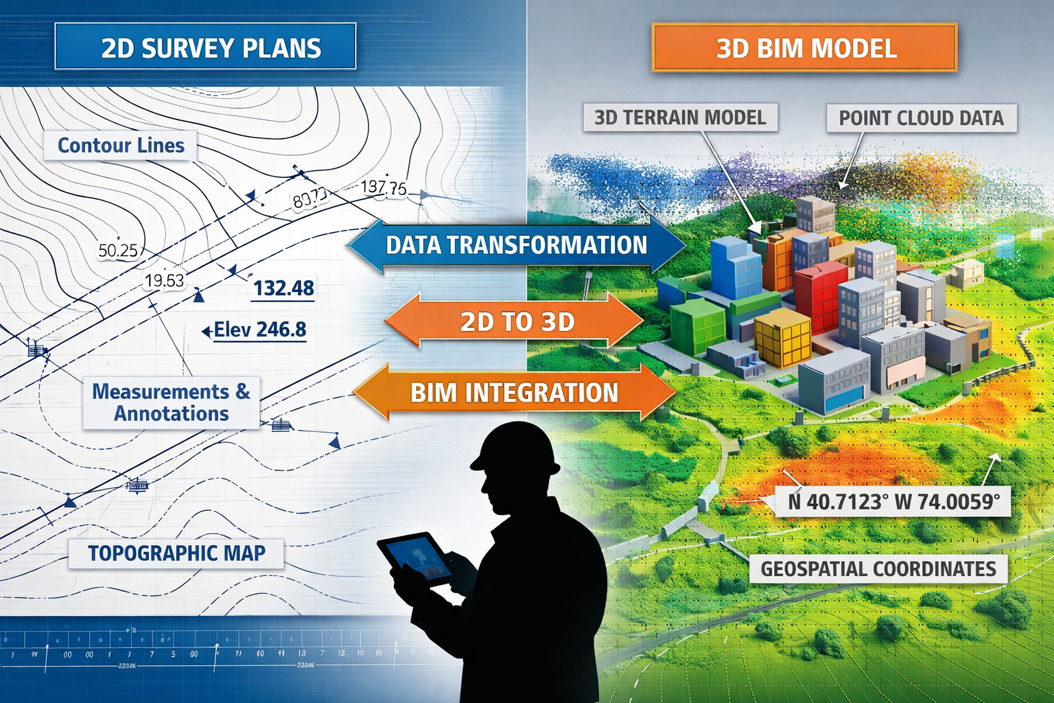 Landscape format (1536x1024) editorial image showing split-screen composition: left side displays traditional 2D survey plans with measureme