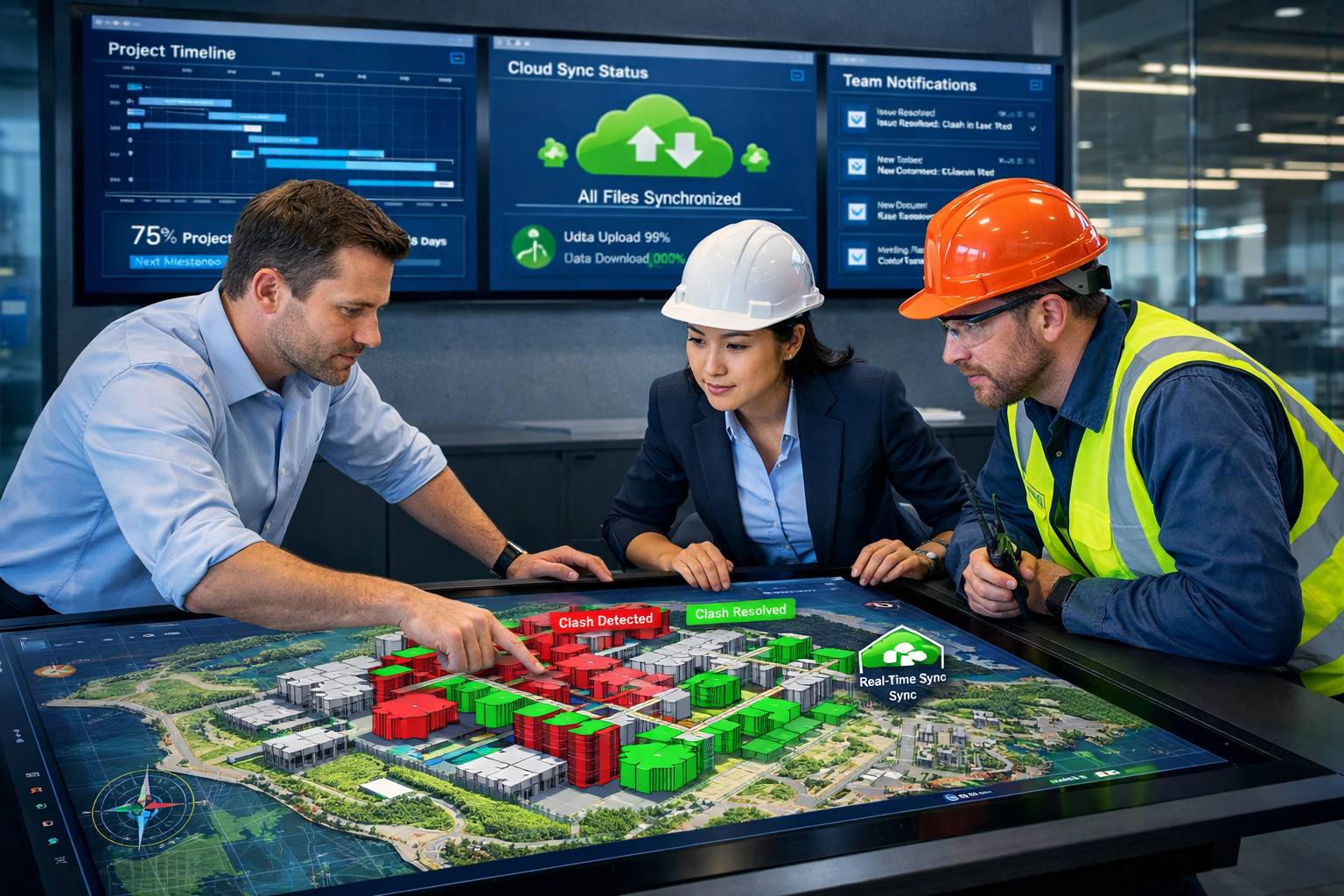 Landscape format (1536x1024) professional image depicting collaborative workflow scene: architect, engineer, and surveyor gathered around la