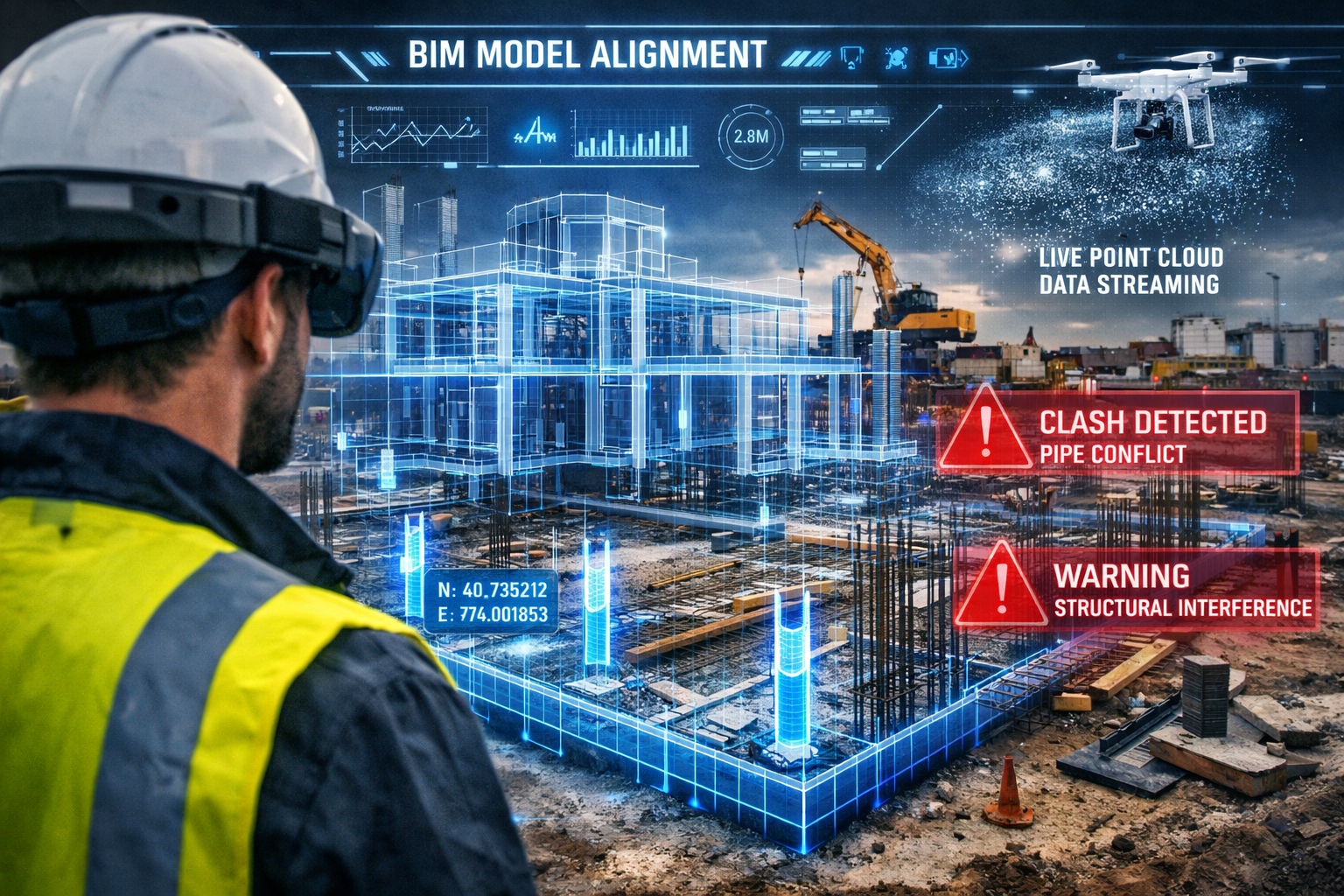 Landscape format (1536x1024) futuristic construction technology image showing augmented reality view through AR headset overlay: constructio