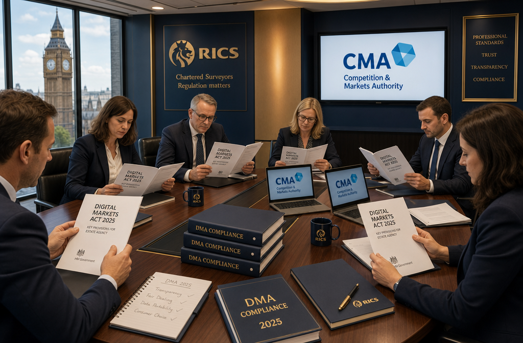 Wide-angle editorial illustration showing a formal UK regulatory compliance meeting room with a large conference table,