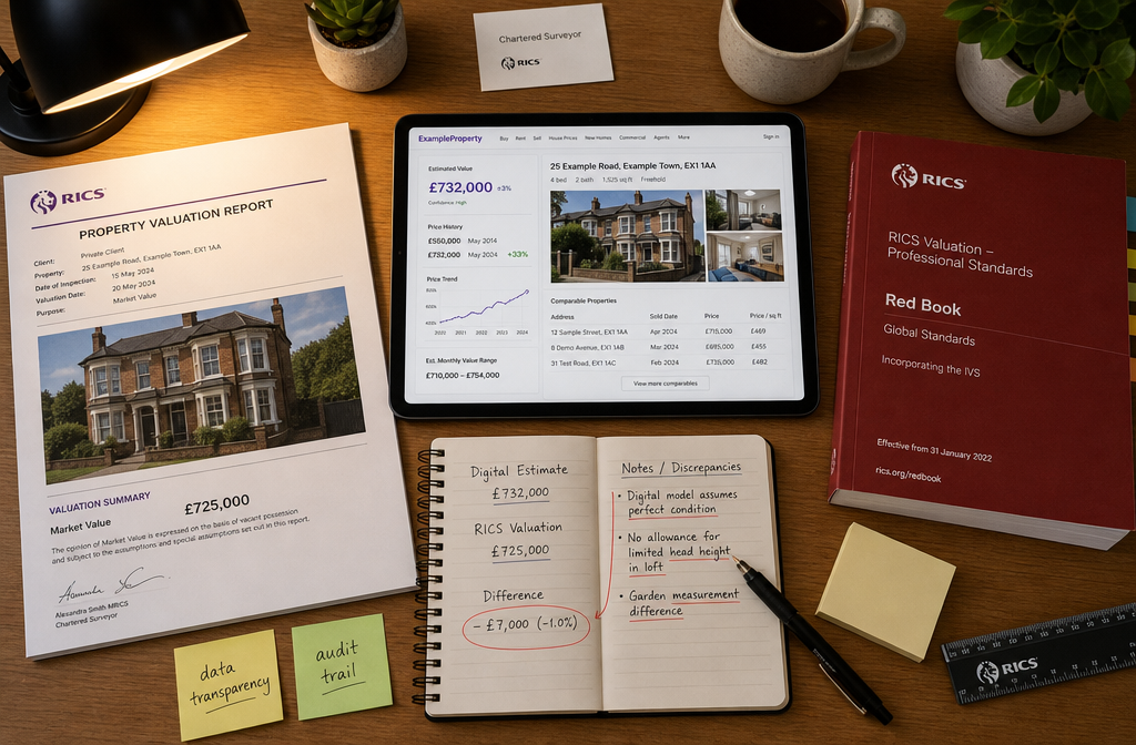 Flat-lay overhead shot of a professional surveyor's desk showing a property valuation report, a digital tablet displaying