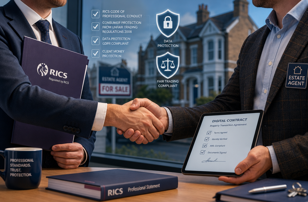 Close-up editorial photograph of two professionals shaking hands across a desk — a chartered surveyor in business attire