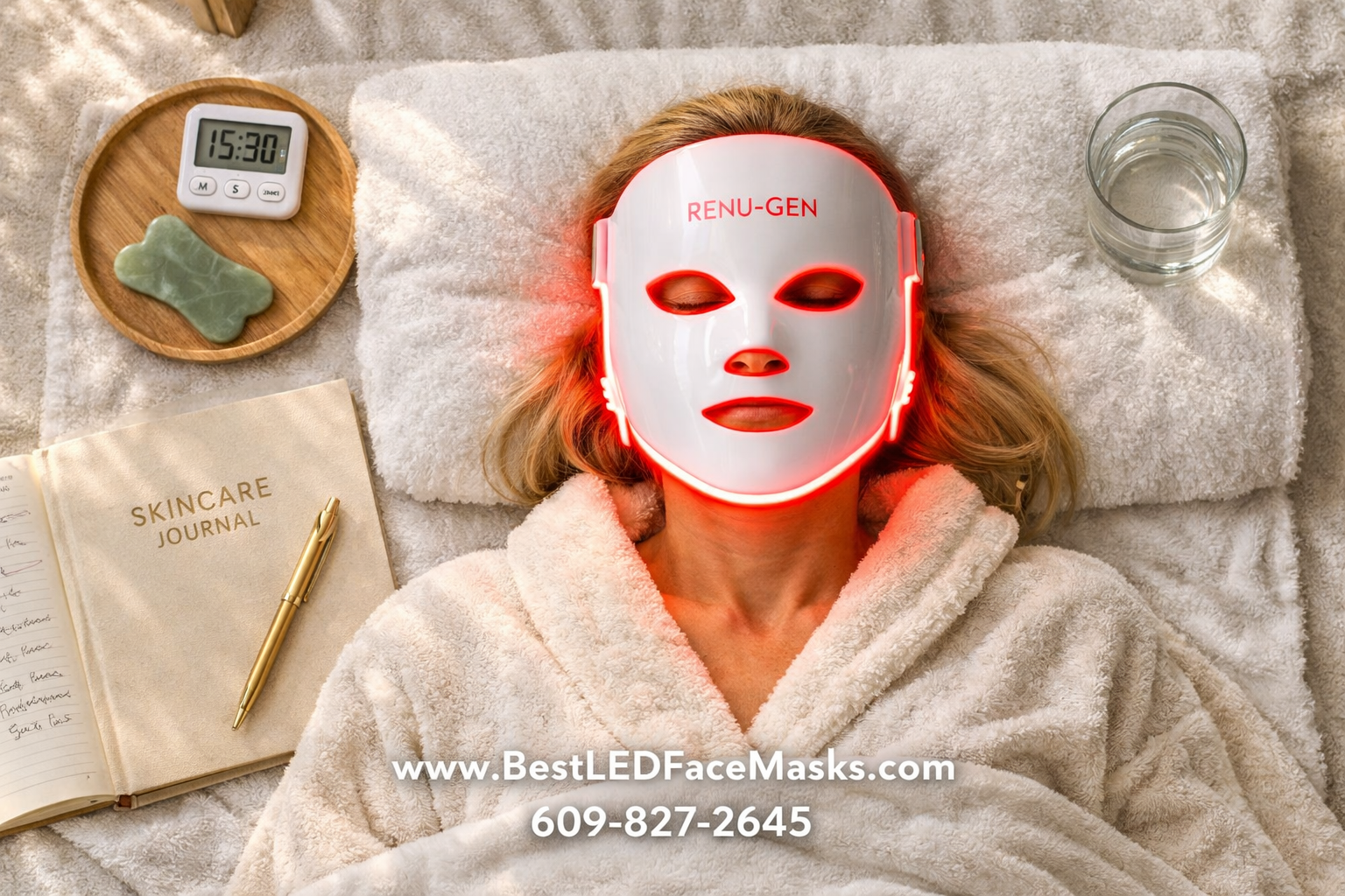 Overhead bird's-eye-view lifestyle photograph () of a woman lying on a white spa bed at home wearing the Renu-Gen LED face