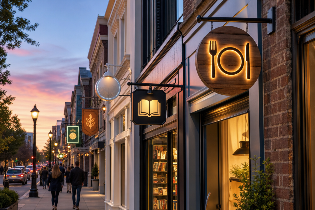Dusk street scene showing a row of varied blade signs, halo-lit restaurant lettering, a front-lit bookstore sign, in wood, metal, and acrylic