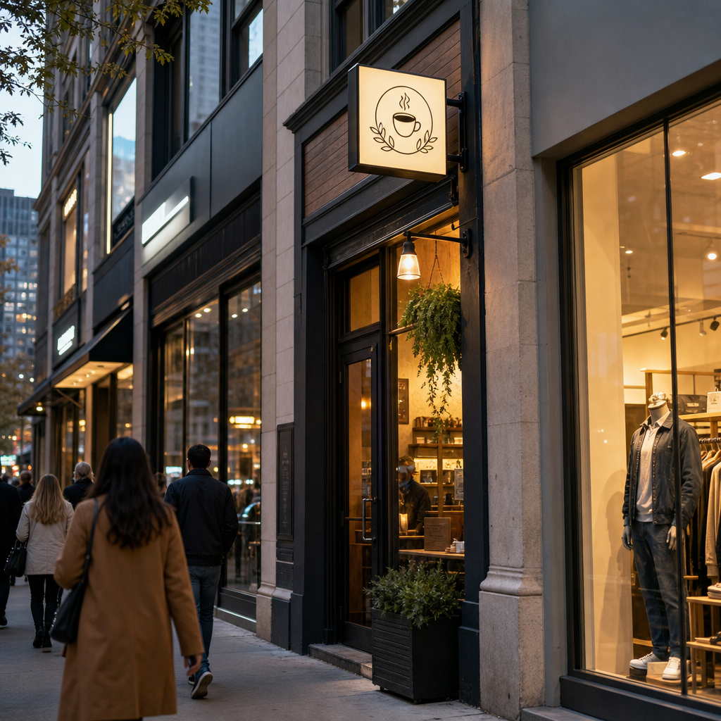 Conceptual busy commercial street where a projecting blade sign marks a narrow storefront tucked between larger establishments