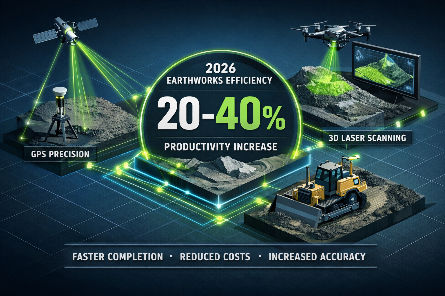 Key Takeaways section infographic: Isometric digital landscape showcasing machine control system workflow, featuring 3-4 key technological n