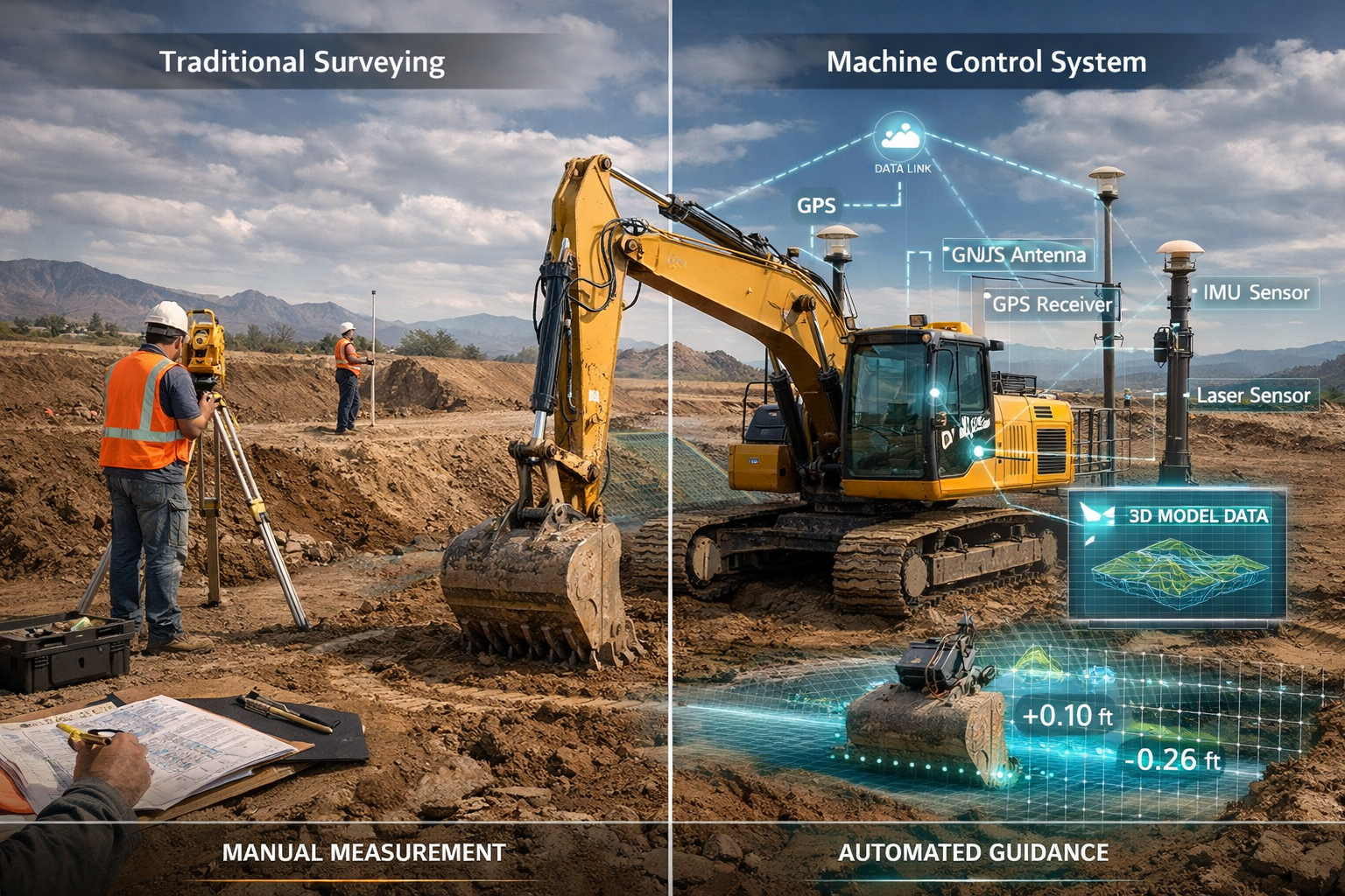 Understanding Machine Control Systems section: Photorealistic construction site with advanced GPS-enabled excavator in foreground, digital a