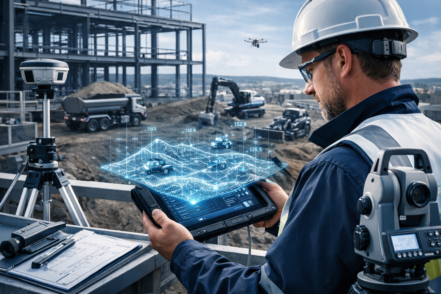 Surveyor's Critical Role section: Professional surveyor using advanced tablet/ruggedized computing device, standing on elevated construction