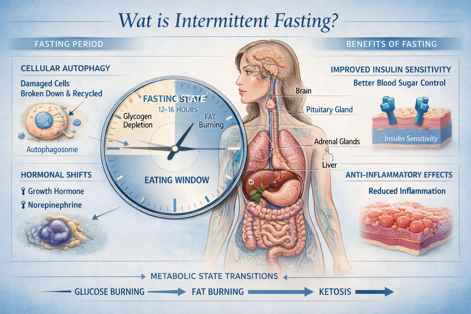 Comprehensive scientific illustration explaining intermittent fasting mechanism for 'Wat is Intermittent Fasting' section. Detailed cross-se