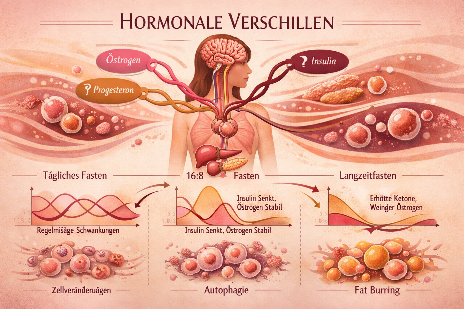 Hormonal impact visualization for 'Hormonale Verschillen' section. Intricate graphic mapping female hormonal cycles and intermittent fasting