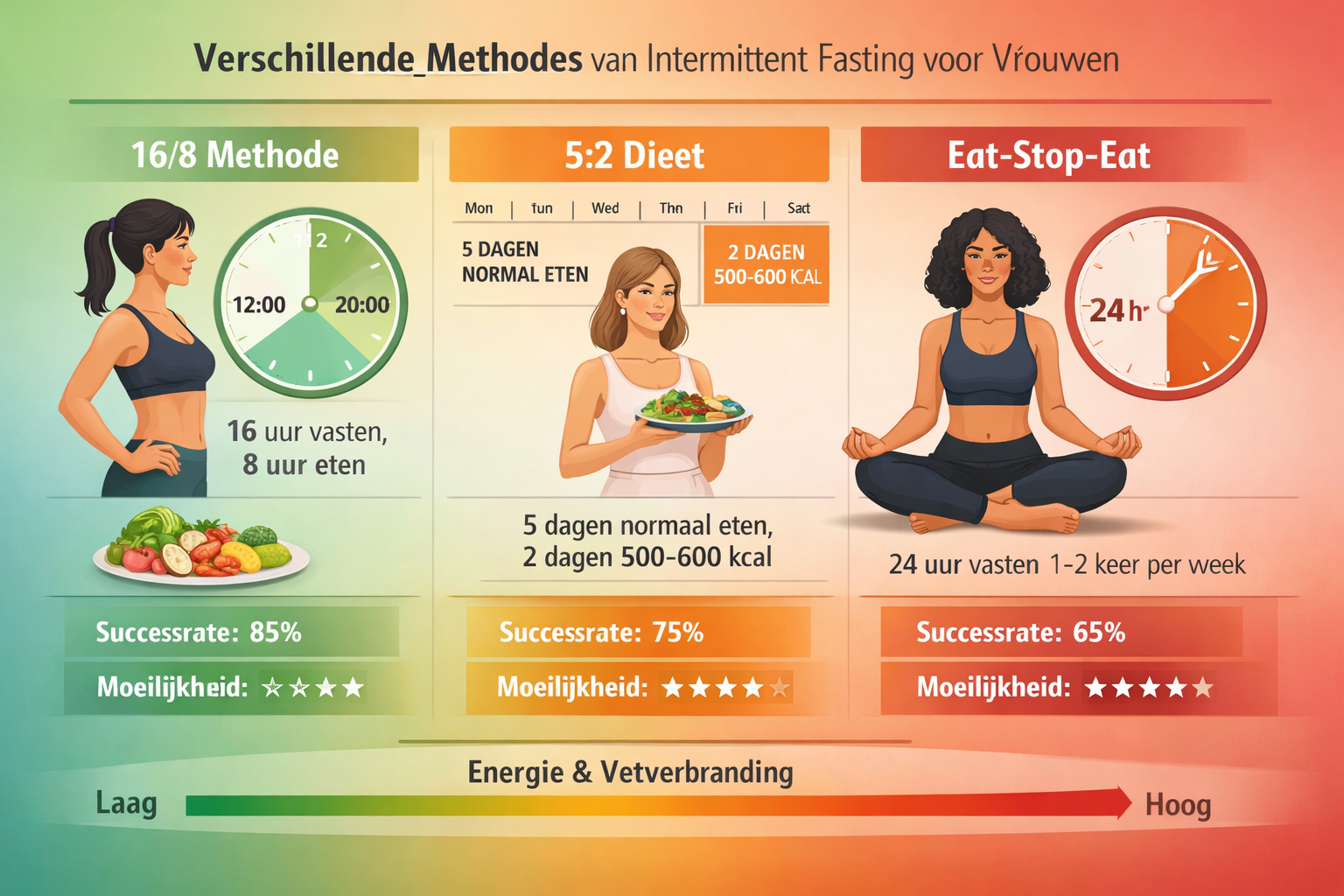 Comparative methodology overview for 'Verschillende Methodes' section. Split-screen infographic showcasing 4-5 intermittent fasting approach