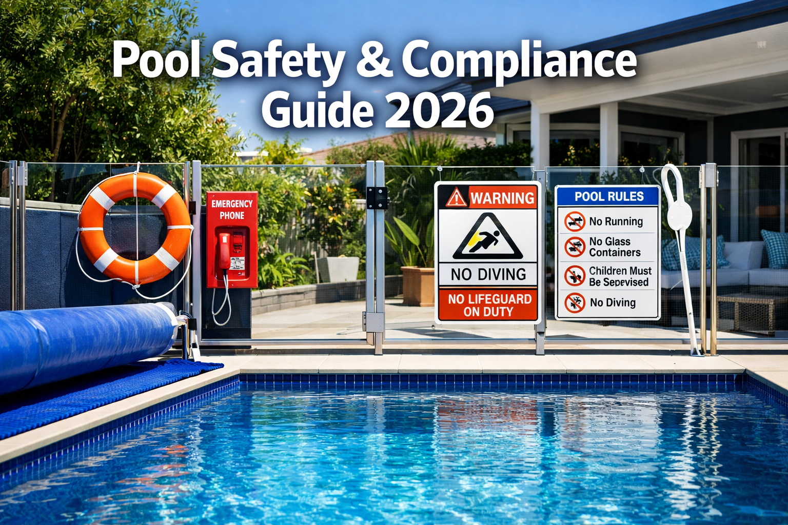 Professional landscape hero image (1536x1024) featuring bold text overlay 'Pool Safety & Compliance Guide 2026' in extra large 72pt white sa