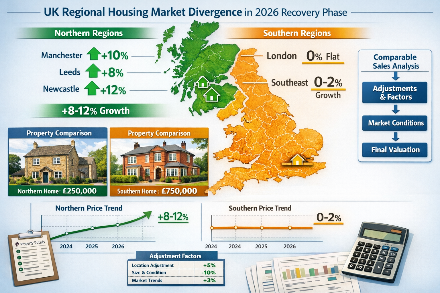 Comprehensive landscape format (1536x1024) infographic illustrating UK regional housing market price divergence in 2026 recovery phase. Spli