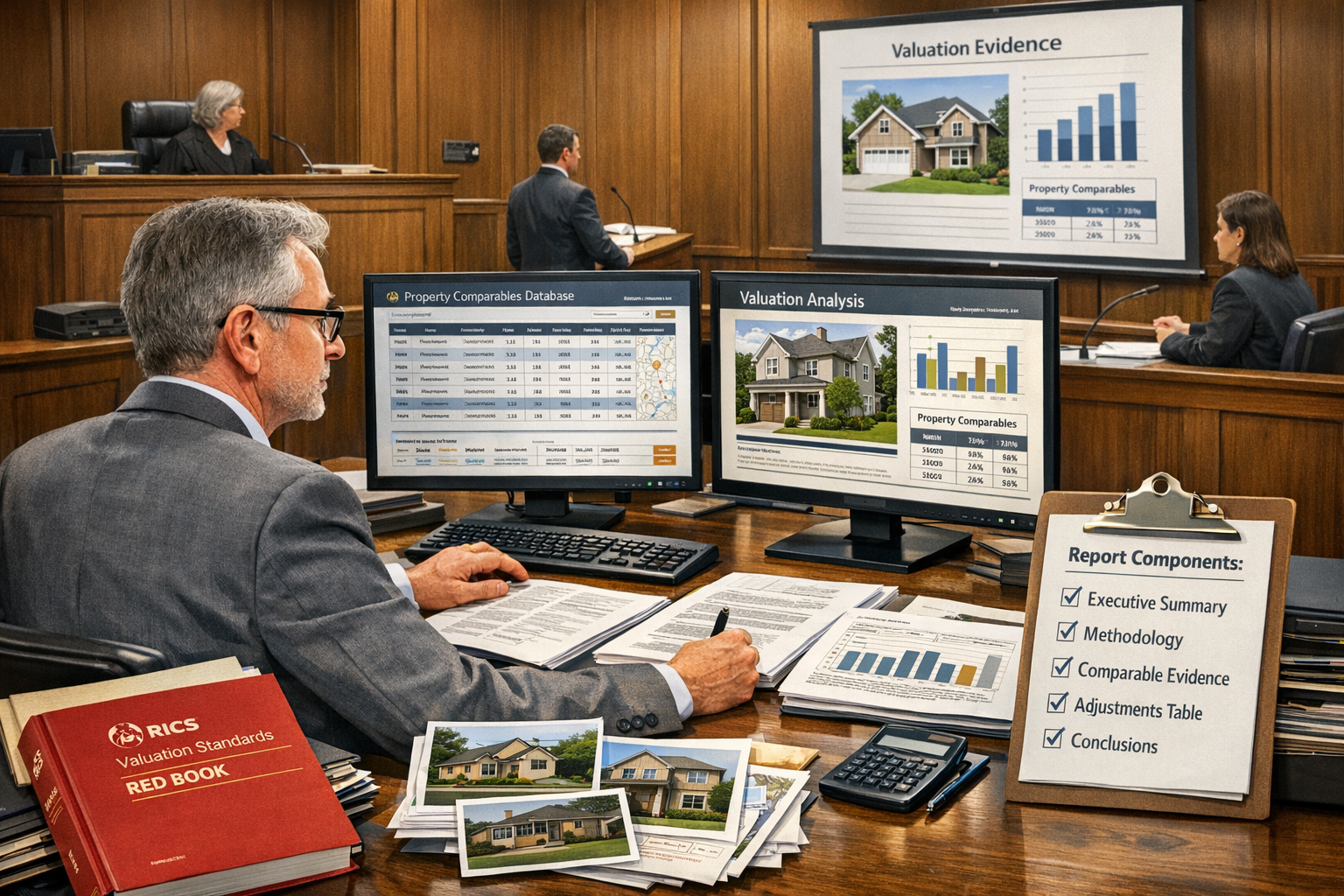 Detailed landscape format (1536x1024) image depicting expert witness report preparation and courtroom presentation scenario for 2026 housing