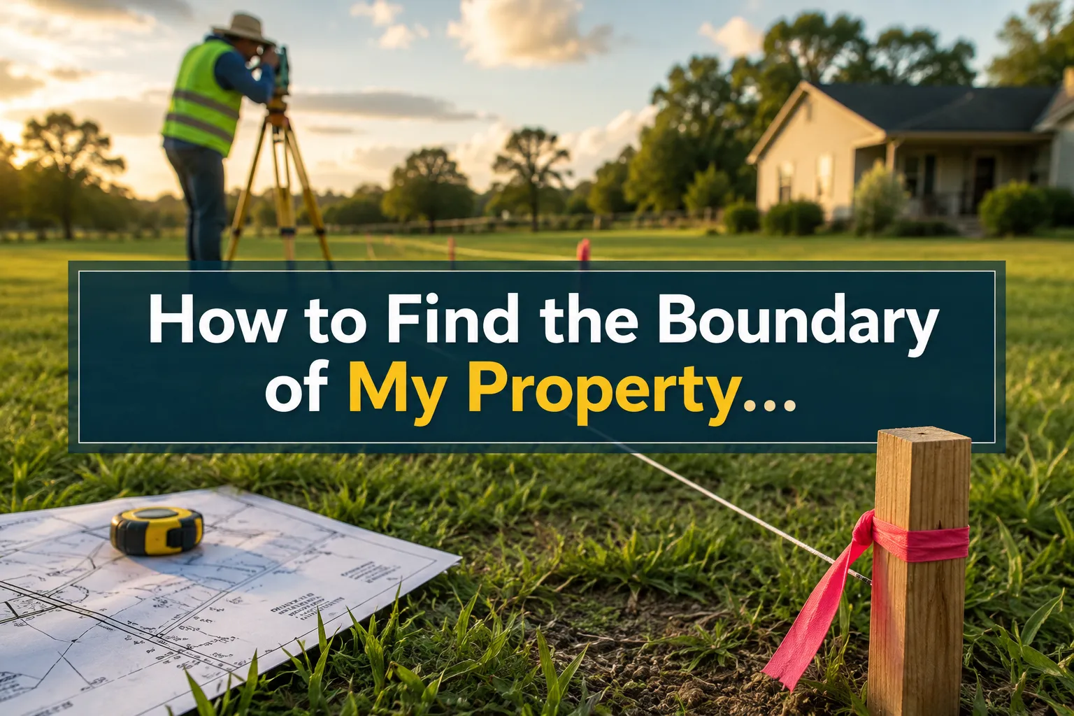 A reading "How to Find the Boundary of My Property…". CRITICAL TYPOGRAPHY RULES: render the text on 1–2 lines, centered,