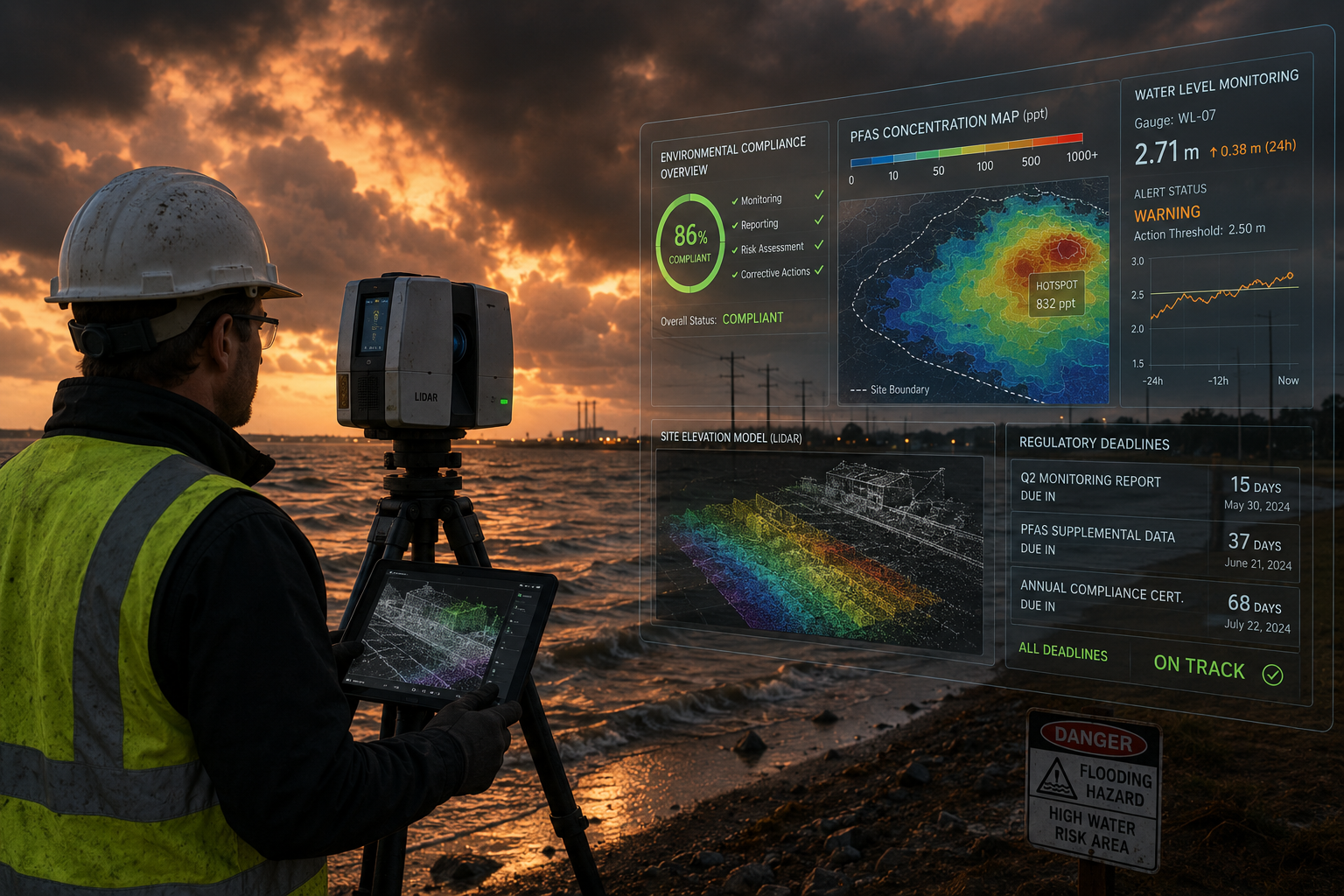 Wide-angle () showing a professional environmental surveyor in hi-vis vest and hard hat using a LiDAR scanner on a