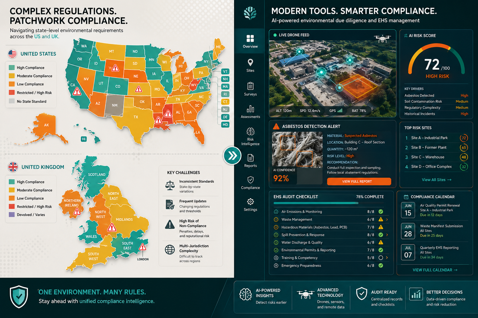 Detailed infographic-style () depicting a split-scene: left side shows a fragmented patchwork map of US and UK state-level