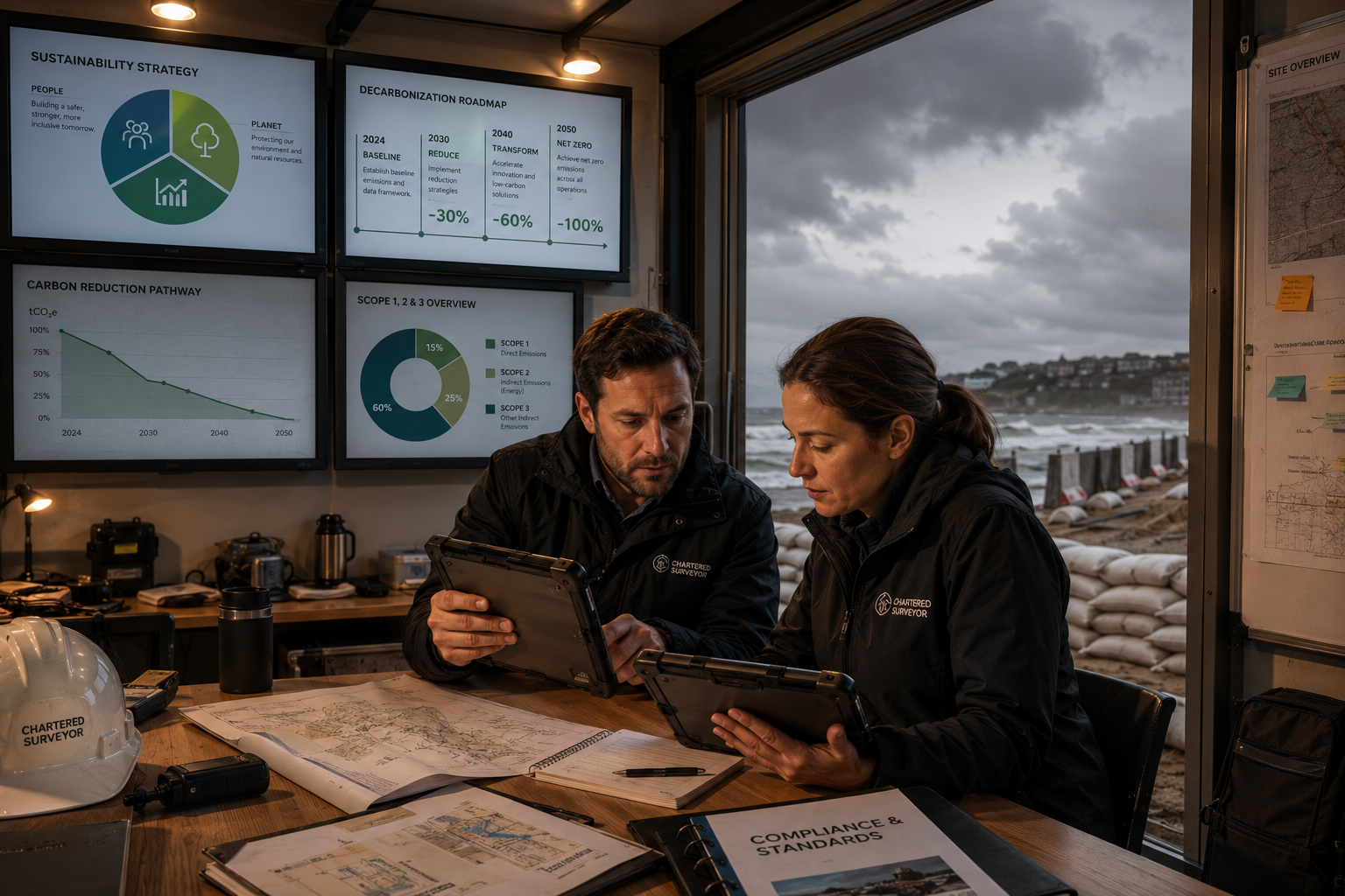 Cinematic () showing a team of two chartered surveyors reviewing compliance documentation on ruggedized tablets inside a
