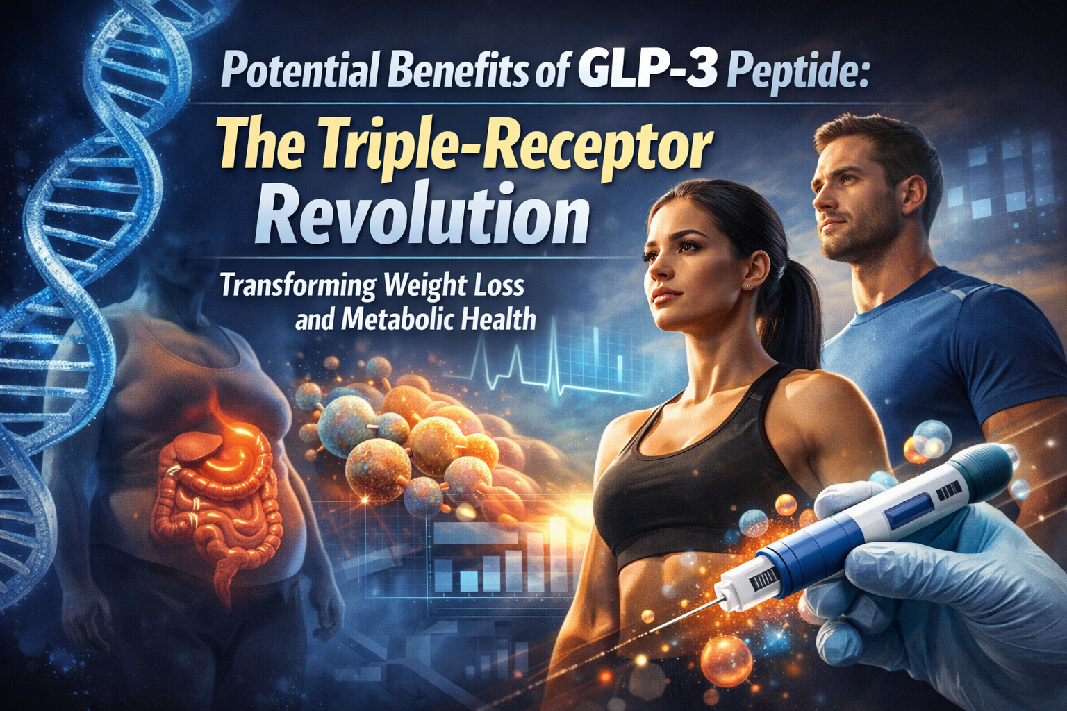 Professional hero image with bold text overlay: "Potential Benefits of GLP-3 Peptide: The Triple-Receptor Revolution Transforming Weight Los
