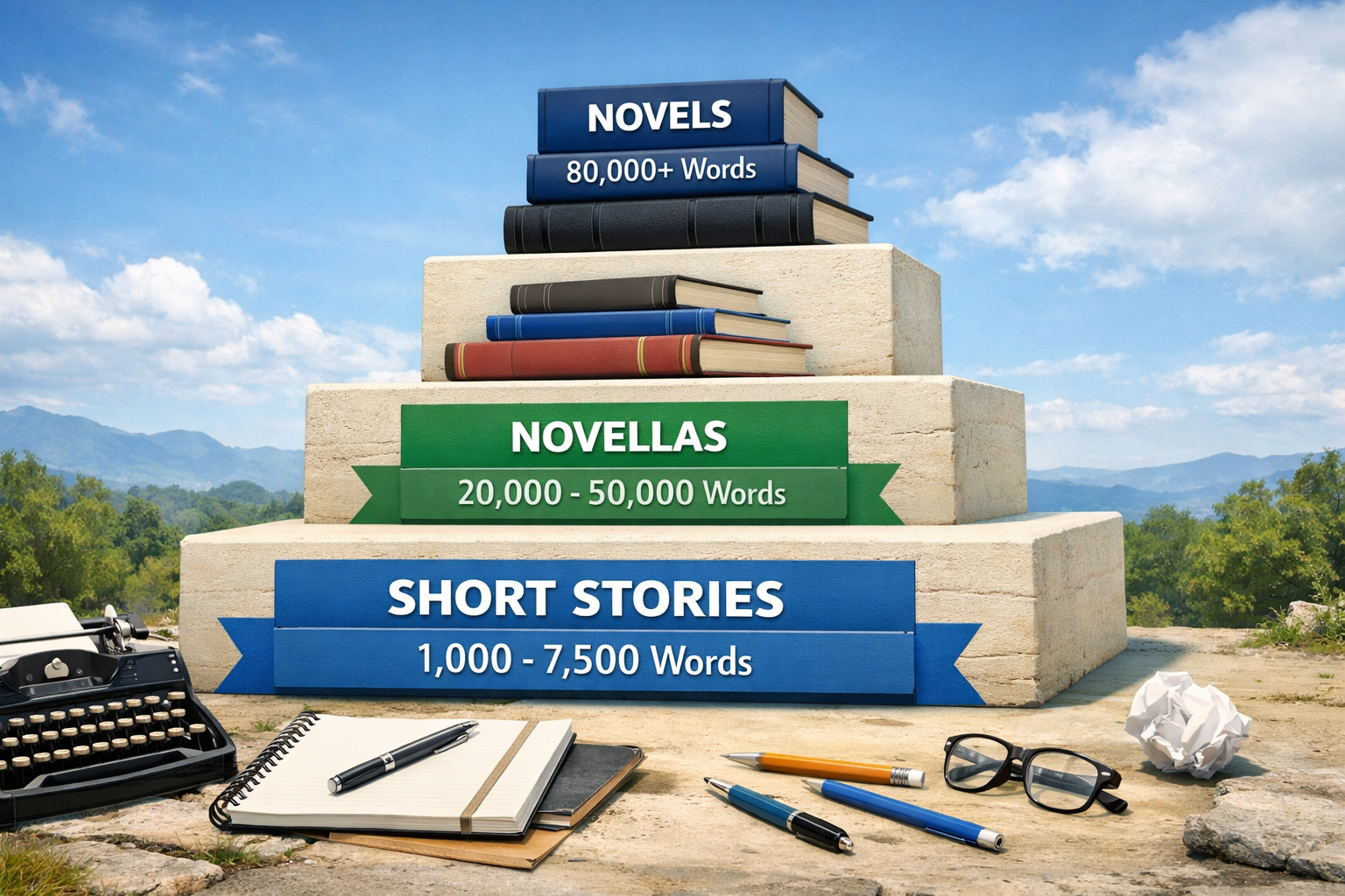 () detailed illustration showing the evolution of story length as ascending steps or pyramid, with short stories at base