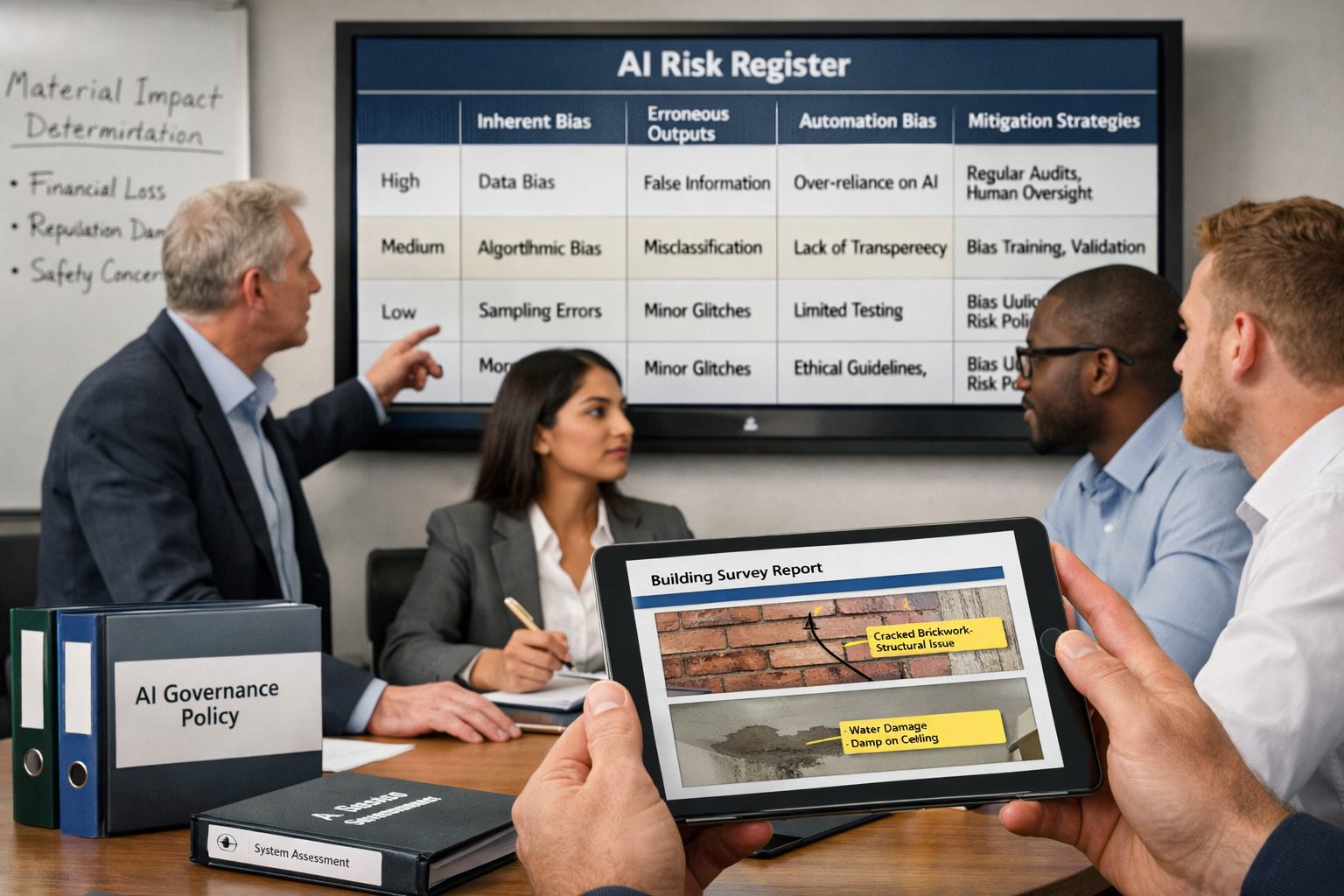 () photograph-style image of diverse team of chartered surveyors in modern office reviewing AI risk register on large