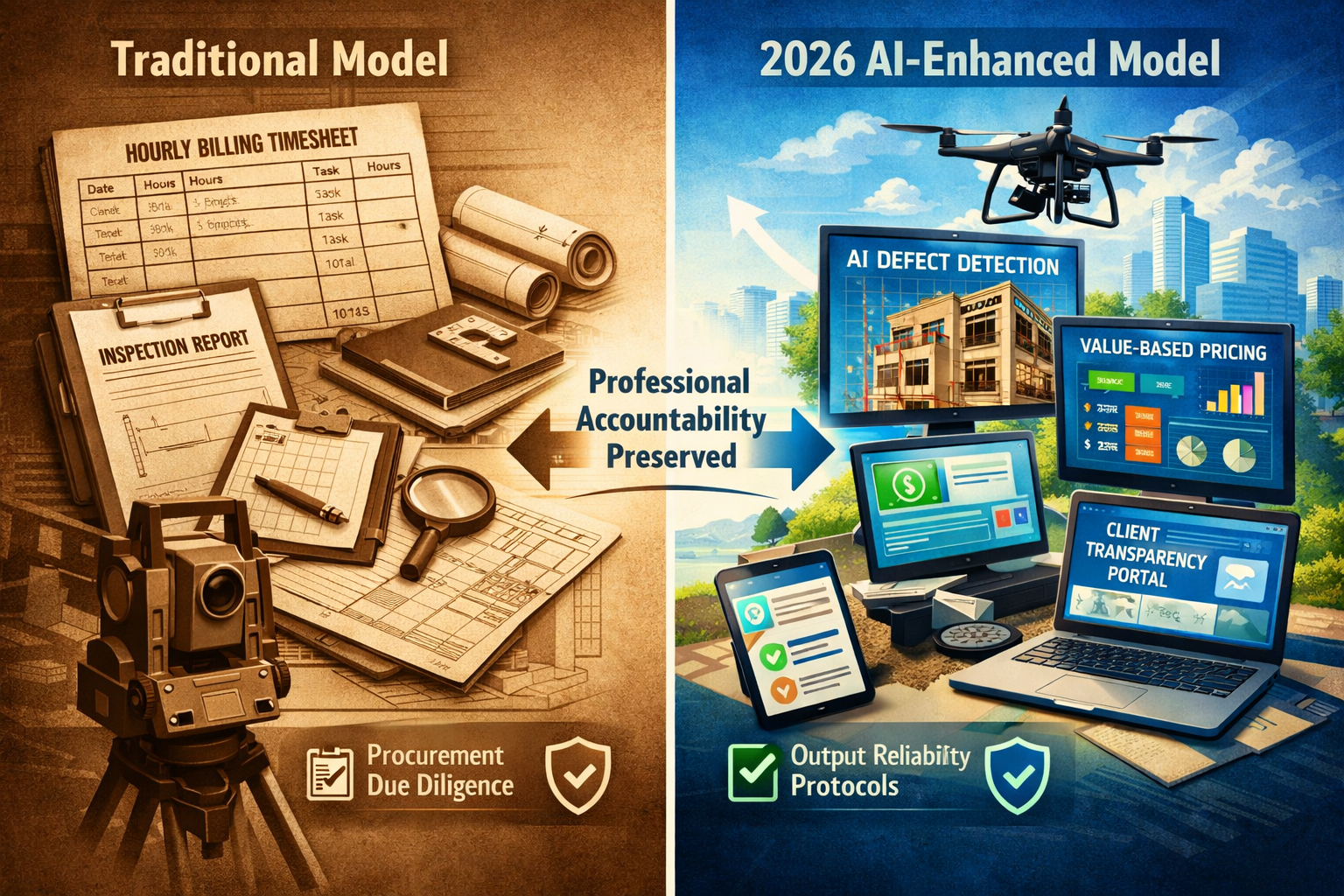 () conceptual split-screen composition showing transformation of surveying business models. Left side labeled 'Traditional