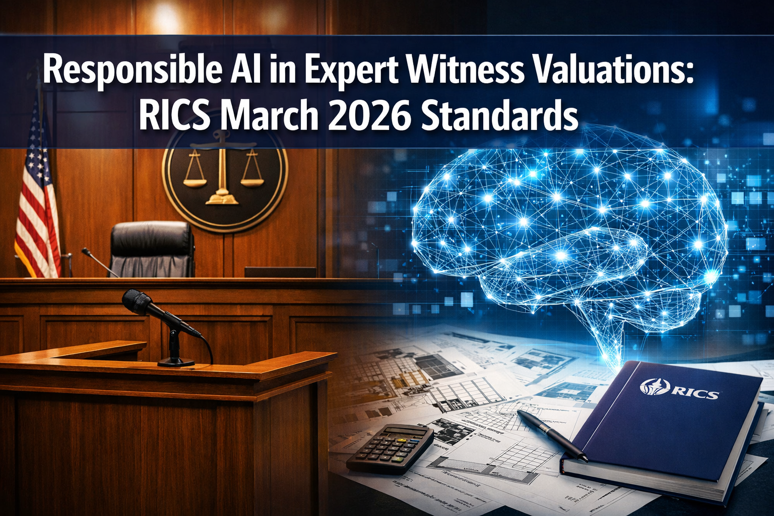 Professional () hero image featuring 'Responsible AI in Expert Witness Valuations: RICS March 2026 Standards' in extra large