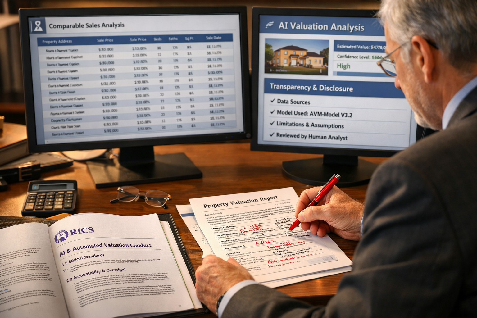 () photorealistic scene of expert witness surveyor in professional attire sitting at desk reviewing property valuation