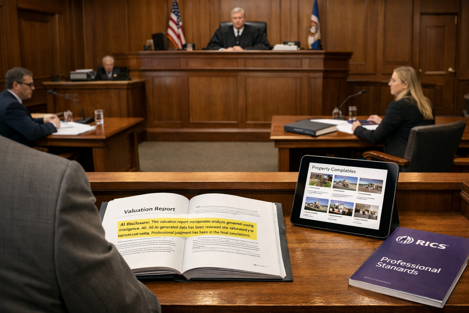 () courtroom scene from expert witness perspective showing witness box in foreground with professional surveyor testifying,