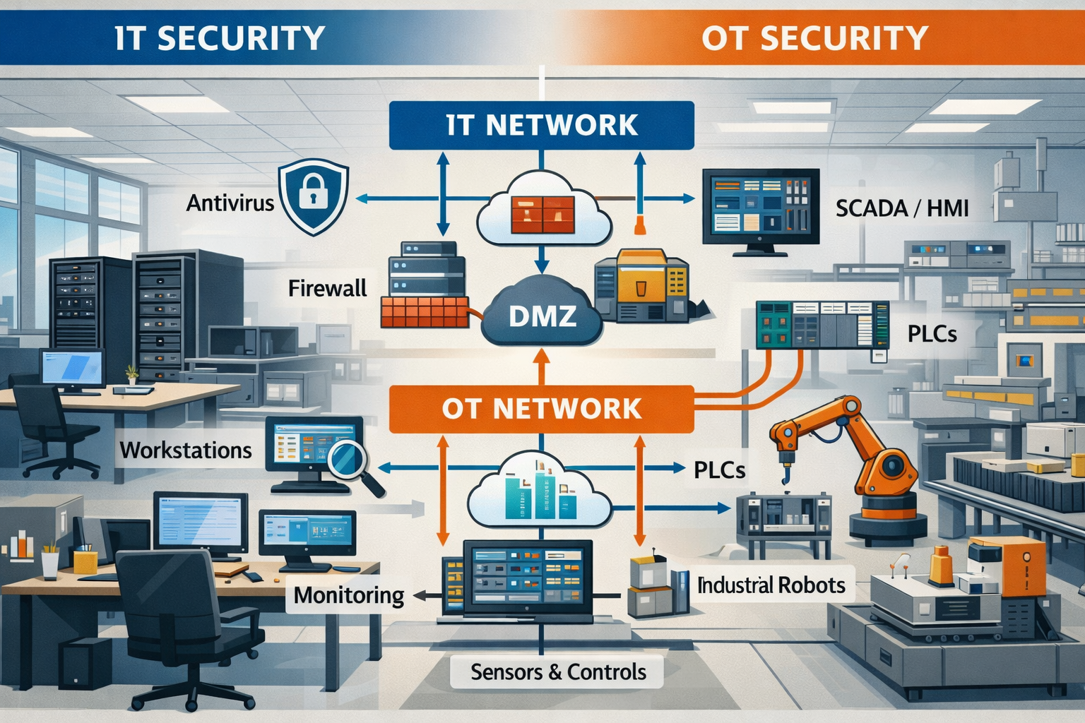 Detailed landscape format (1536x1024) image showing side-by-side comparison of IT security versus OT security environments. Left side displa