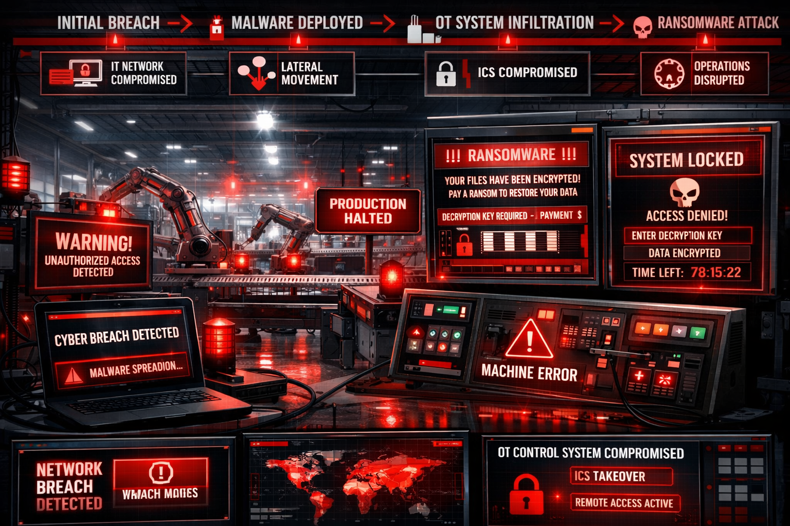 Landscape format (1536x1024) visualization of manufacturing cyber threats and ransomware attack scenarios. Shows factory production line wit