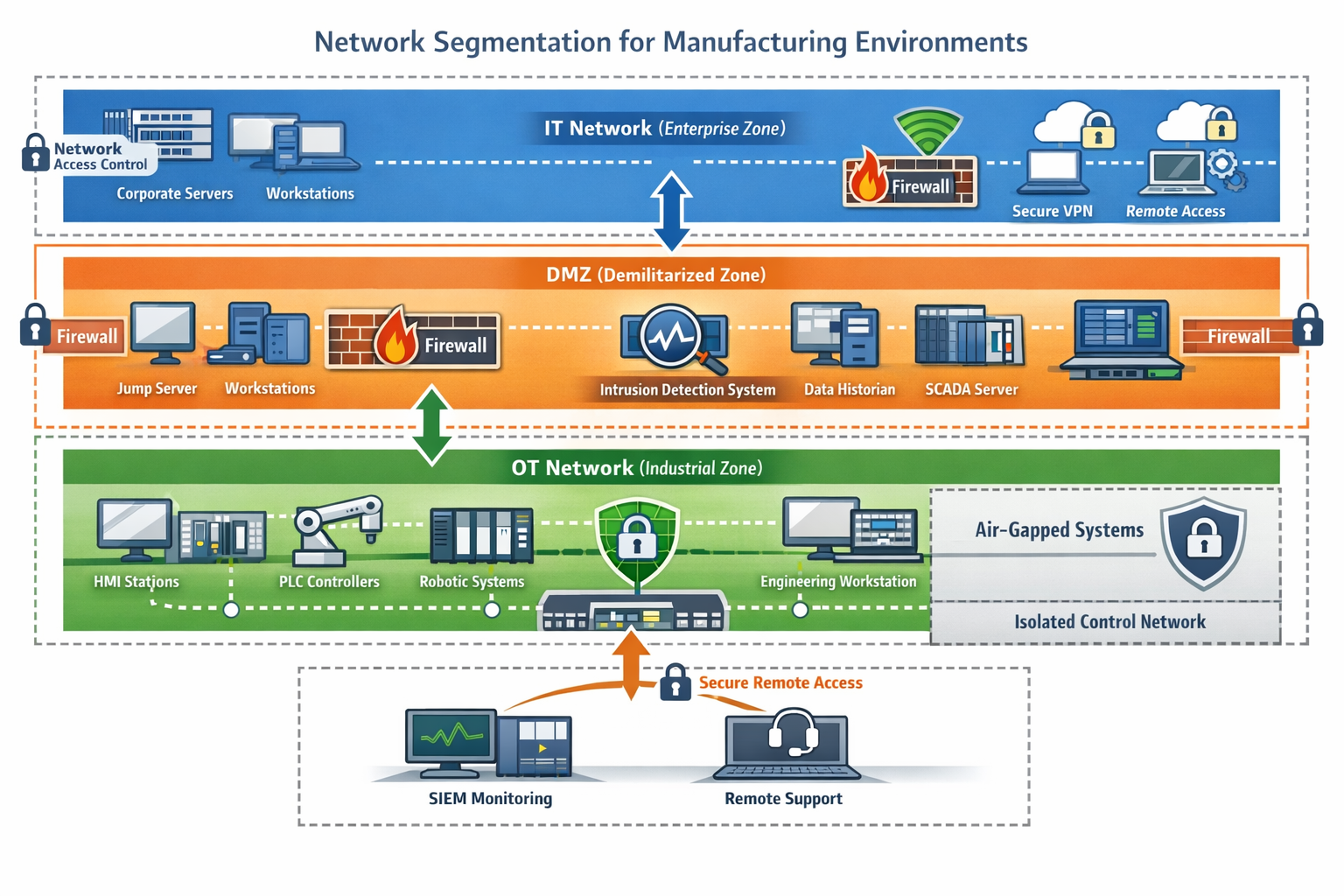Professional landscape format (1536x1024) network segmentation diagram for manufacturing environments. Shows layered security architecture w