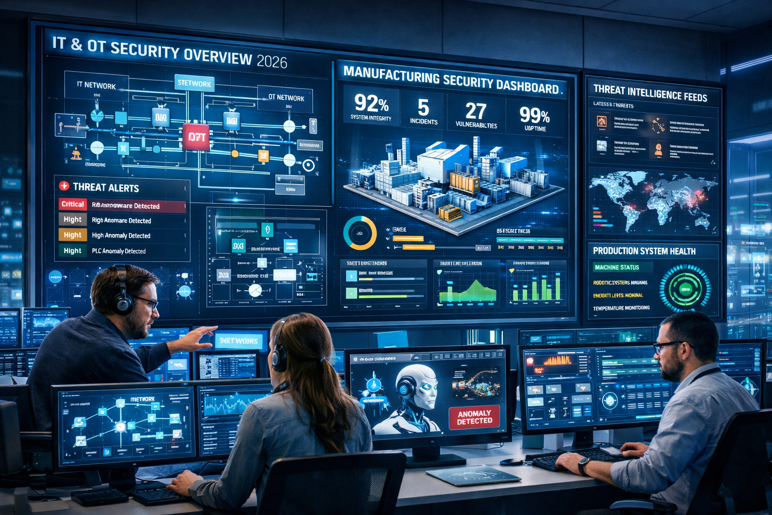 Landscape format (1536x1024) image depicting unified IT and OT security strategy implementation in 2026. Shows integrated security operation