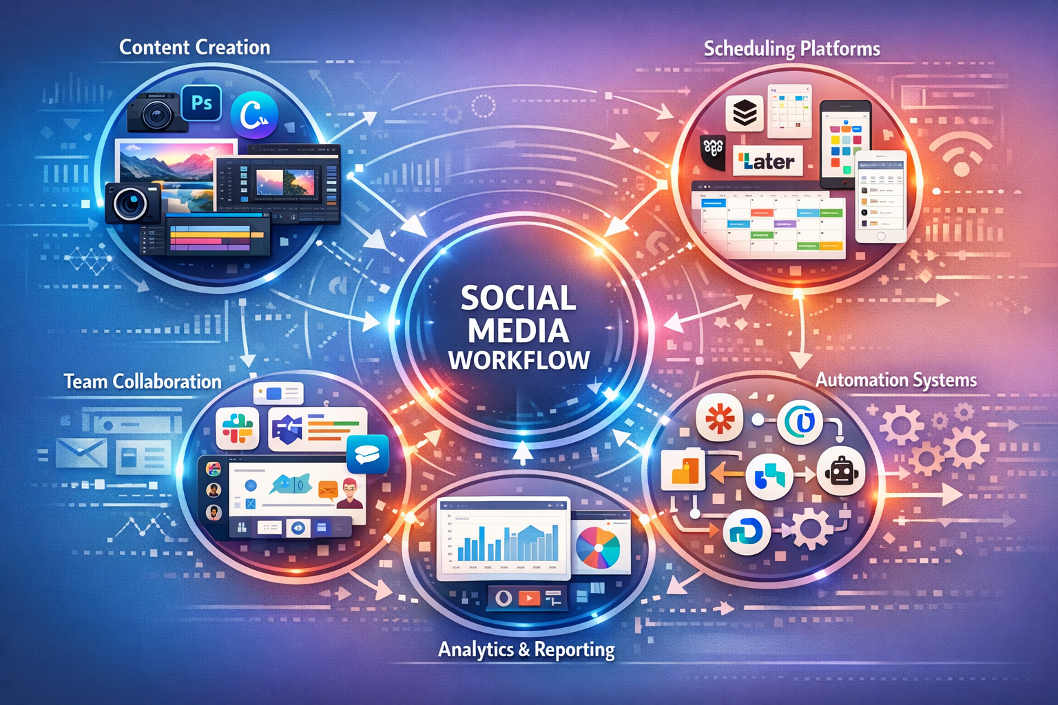 Detailed landscape format (1536x1024) image showcasing essential social media workflow tools ecosystem. Central hub design with interconnect - Social Media Workflow optimieren 3 Detailed landscape format (1536x1024) image showcasing essential social media workflow tools ecosystem. Central hub design with interconnect