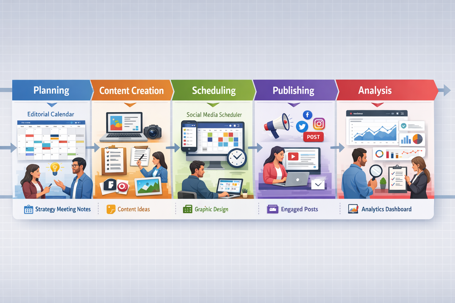 Detailed landscape format (1536x1024) image illustrating step-by-step social media workflow optimization process. Horizontal timeline design - Social Media Workflow optimieren 4 Detailed landscape format (1536x1024) image illustrating step-by-step social media workflow optimization process. Horizontal timeline design