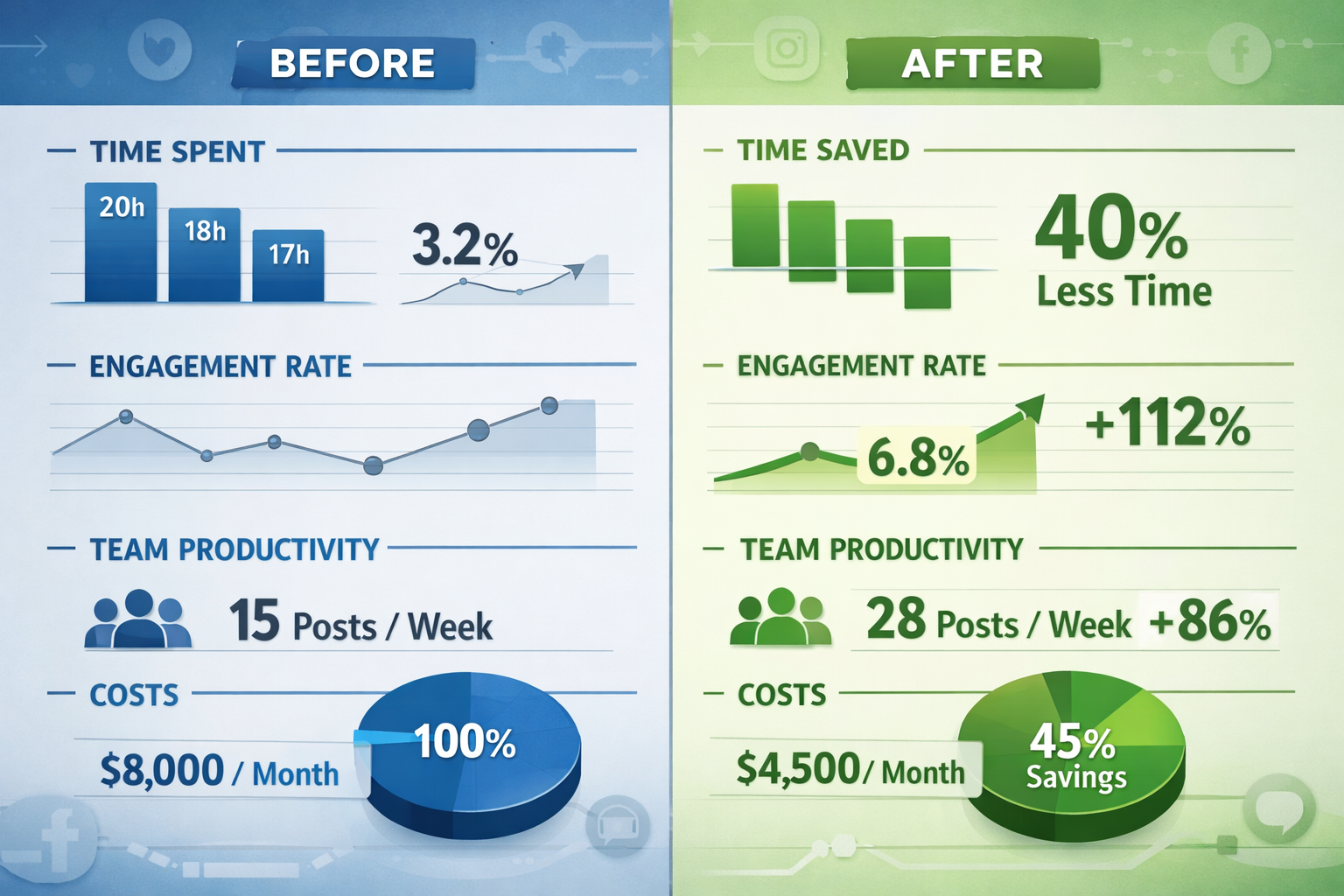 Detailed landscape format (1536x1024) image displaying social media workflow success metrics and ROI visualization. Split composition showin - Social Media Workflow optimieren 11 Detailed landscape format (1536x1024) image displaying social media workflow success metrics and ROI visualization. Split composition showin