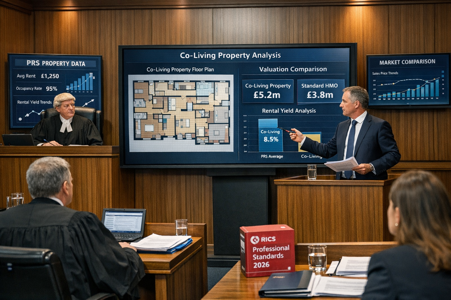 Detailed () image showing professional courtroom or tribunal setting with expert witness stand in focus, chartered surveyor