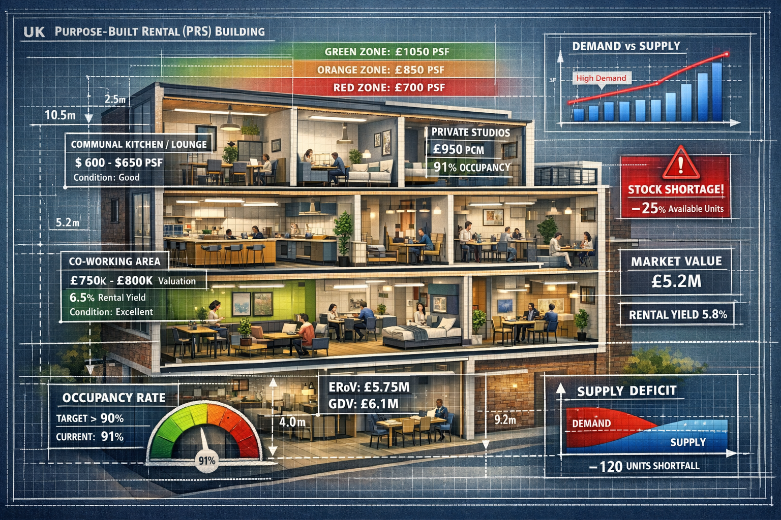 Detailed () cutaway architectural visualization of modern UK purpose-built rental (PRS) building showing multiple co-living