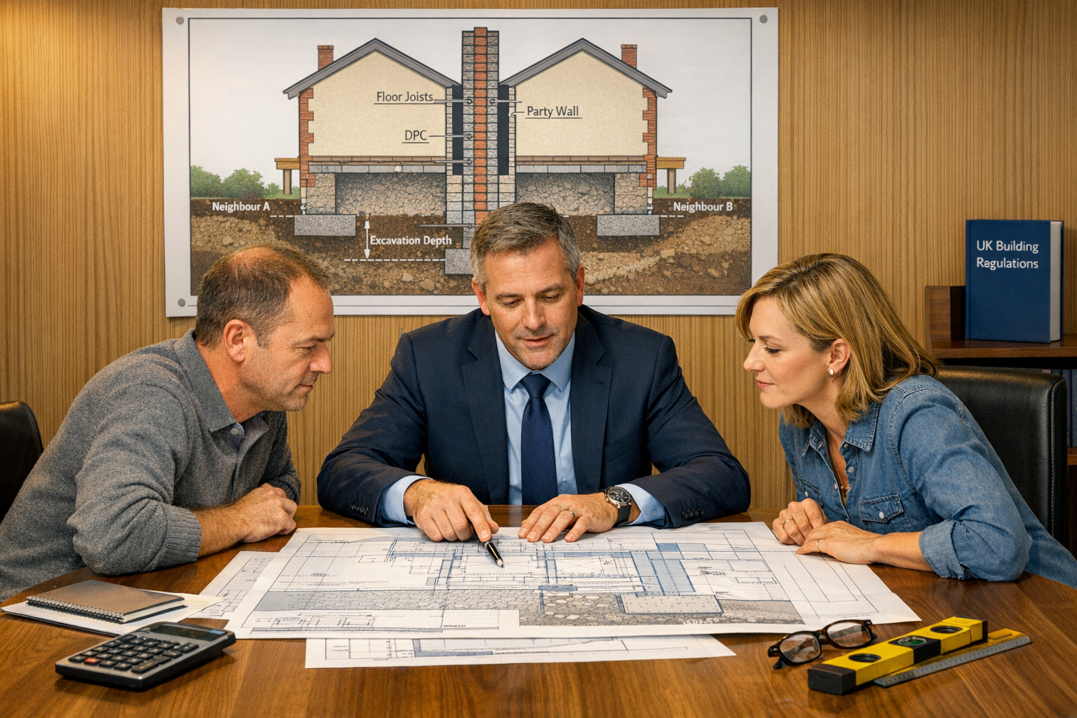 () detailed illustration showing professional mediation scene with party wall surveyor seated at modern conference table