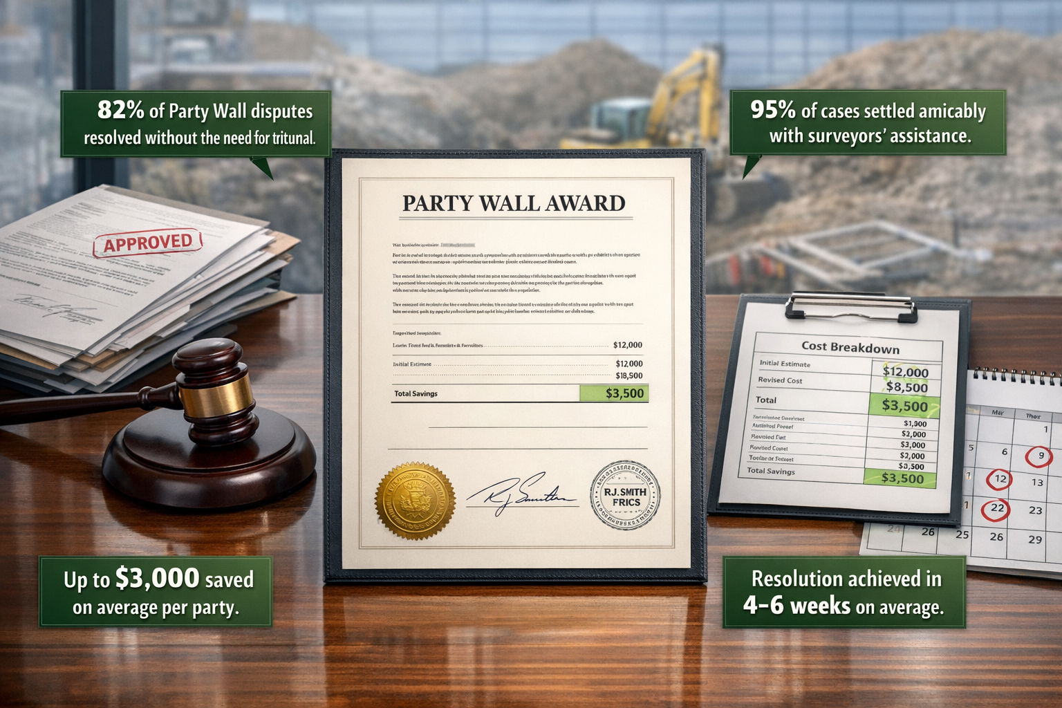 () technical infographic-style image displaying party wall award document as central focus on polished desk surface,