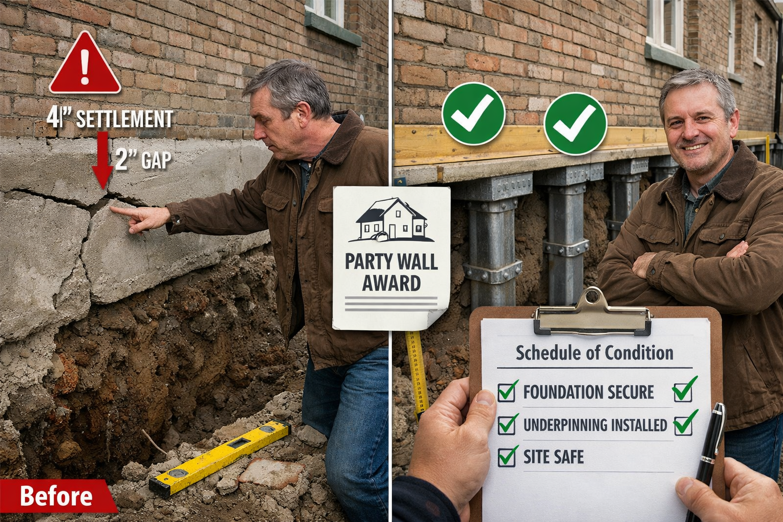 () before-and-after comparison image showing excavation dispute resolution outcome. Left panel displays concerned homeowner