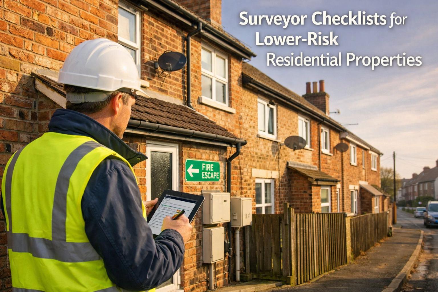 Wide-angle editorial photograph of a professional chartered surveyor in a hard hat and hi-vis vest conducting a detailed