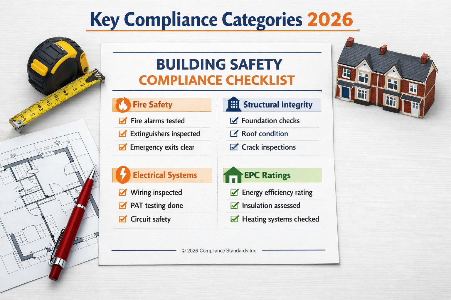 Flat-lay infographic style image on a clean white desk surface showing a structured building safety compliance checklist
